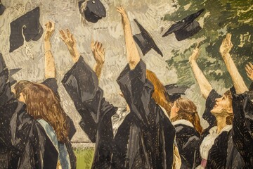 A jubilant scene of celebration unfolds under a clear blue sky, as a group of graduates toss their caps into the air. The air is filled with excitement and fluttering confetti, marking the climax of t