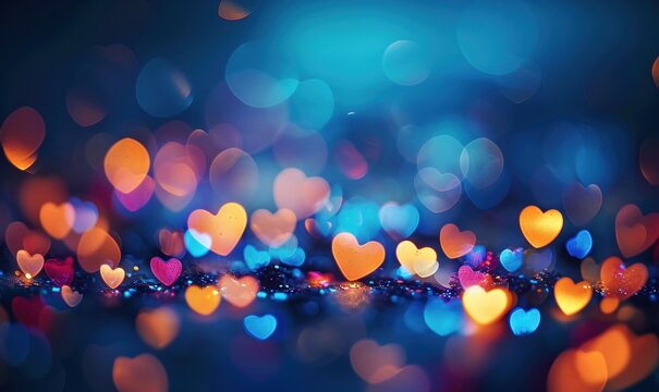 heart shaped bokeh, confetti for wedding, blurry heart background, romantic, valentine's day, depth of field, heart shaped multicolored lights, haze, rainbow, blue blurred, Generative AI 