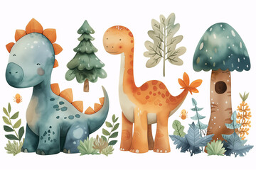 A delightful watercolor illustration featuring cartoon dinosaurs among whimsical trees, perfect for nursery wall art or children's educational books.
