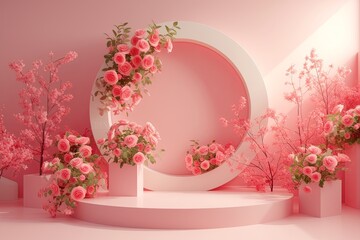 Fototapeta na wymiar Ein Blumenstand und pinke Rosen auf einem pinken Hintergrund in einem 3D-Render, im Stil von kreisförmigen Formen, lebhaften Bühnenhintergründen