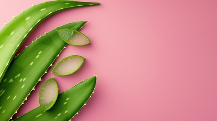 Precision slices of green Aloe Vera isolated on pink background. AI generated image