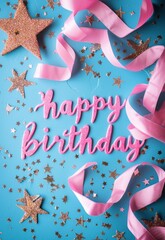 Calligraphy lettering - Happy Birthday, with pink ribbon decoration and glitter stars. Template for birthday greeting card.