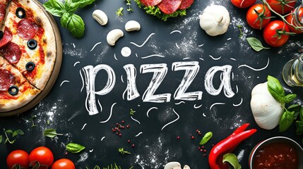 Calligraphy lettering - Pizza with pizza ingredients on black background. Template for restaurant,...