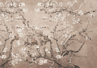 Oil painting flowering twigs. llustration for wallpaper, mural, card, dpoter, interior decoration. Van Gogh style. © lucja_lusilas.pl