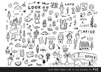 Vector illustration of Doodle cute for kid, Hand drawn set of cute doodles for decoration,Funny Doodle Hand Drawn, Summer, Doodle set of objects from a child's life,Cute animal