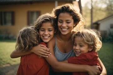 woman is hugging three children and laughing - obrazy, fototapety, plakaty