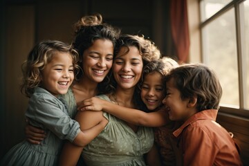 woman is hugging three children and laughing - obrazy, fototapety, plakaty