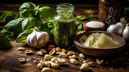 Poster pesto sauce and ingredients for cooking on a rustic table © Ксения Маслова