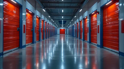 Foto op Plexiglas Corridor of red rental self storage unit  © Yi_Studio