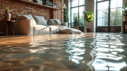 Home floor submerged in water, highlighting water damage and potential issues - obrazy, fototapety, plakaty