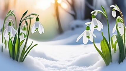 picture of first spring snowdrops flowers sticking out from the snow. Watercolor greeting card, space for text