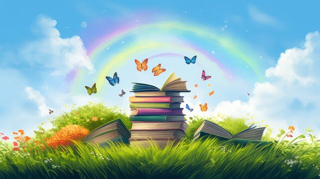 Stack of books in the middle of a sunny meadow with a bright blue sky in the background, the theme of education and knowledge	
