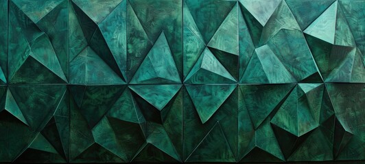 A contemporary wallpaper featuring emerald-colored triangular shapes in modern geometric patterns.