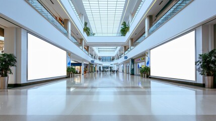 Two blank white horizontal billboard banners or advertisement posters displayed in a moll or shopping center, no people, nobody. Empty mockups board indoors for commercial, framed screen space - obrazy, fototapety, plakaty