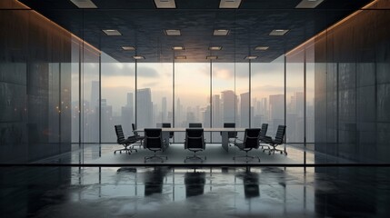 Dark conference interior with armchairs and board on black concrete floor. Meeting area with panoramic window on skyscrapers.