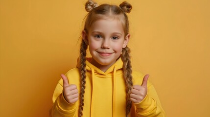 Cute young girl smiling and showing a thumbs up or like sign or gesture with her hands. Little female preschooler wearing yellow hoodie, studio photography. Positive or ok sign, approval symbol
