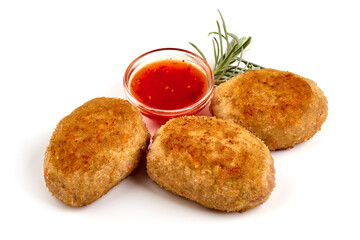 Fried pork cutlets in breadcrumbs, isolated on white background.