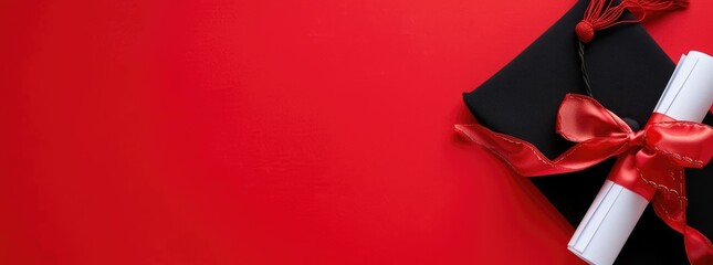 A traditional black graduation cap with a vibrant red tassel is paired with a white diploma tied with a red ribbon. The bold contrast against a deep red background emphasizes the ceremonial significan