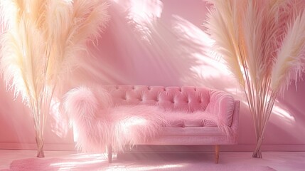 Pink sofa with feathers in the living room