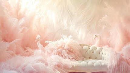 Luxury white leather sofa and soft pink feathers background