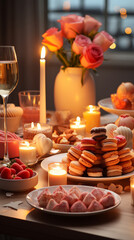 Table served with desserts for romantic dinner. Valentine's day and love concept.
