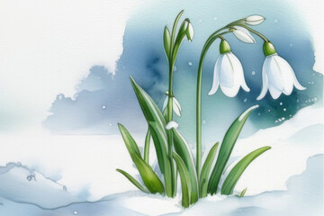 picture of first spring snowdrops flowers sticking out from the snow. Watercolor greeting card, space for text - obrazy, fototapety, plakaty