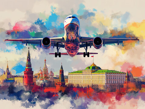 Kremlin Moscow and plane illustration pop art cartoon postcard colorful, travel Russia
