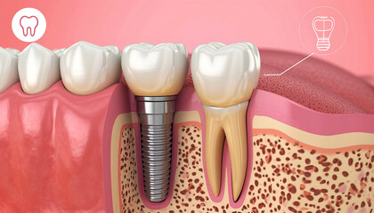 Closeup white tooth and gum with Dental implant , Human Teeth for Medical Concept, 3d illustration. Dental teeth implant healthy teeth and tooth human dentura