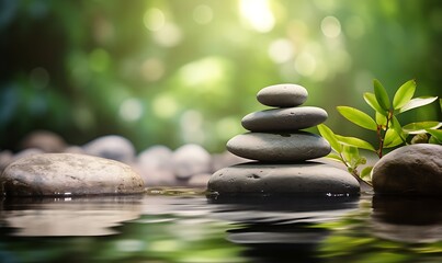 Obraz na płótnie Canvas Zen stones and water in a peaceful green garden, relaxation time, wellness and harmony, massage and bodycare, spa and wellness concept. Generative Ai