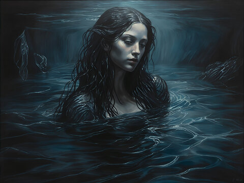 a woman with long hair submerged in water. She appears to be in the ocean, surrounded by waves. The water is a dark blue color.
