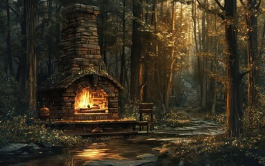The serenity of a peaceful forest where a camping station fireplace light bokeh, offering warmth and comfort in the midst of nature's tranquility.