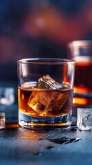 Glass of whiskey with ice cubes on a dark background, selective focus.