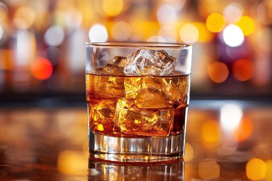 Glass of whiskey with ice cubes on the background of the bar.