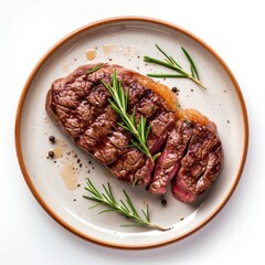 Beef Steak Grilled Fillet Meat with rosemary on plate, 3d cutout minimal isolated on white background. Realistic roasted beef steak, icon, detailed for restaurant, menu, advert or package