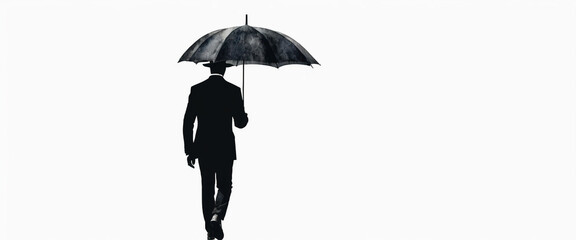 A man wearing a fedora is walking with a large umbrella. Viewed from behind. Black and white. Silhouette illustration.