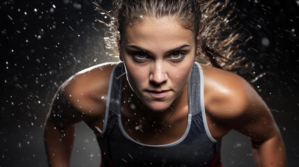 Portrait of a Strong Woman Running under the Rain. Sport and strenght of will.