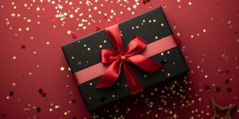 Fototapeta premium Festive Black Friday surprise! Top view black gift box, adorned with vibrant red ribbon, surrounded by golden star-shaped confetti, set against rich marsala backdrop. Ideal for your Black Friday deals