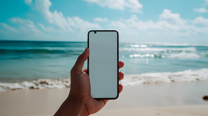 Hand holding an isolated smartphone device with blank empty white screen on the beach, vacations communication technology concept