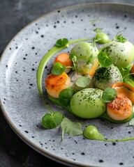 Molecular Modern Cuisine salad with vegetables, realistic. Haute cuisine gourmet appetizer, close up, decorated, minimal. For restaurant, menu, advert or package