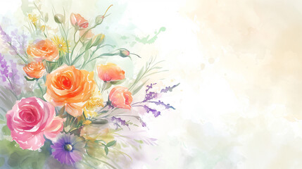 Beautiful colorful flowers as a watercolor illustration on an aged background for a greeting card, with copy space for your text