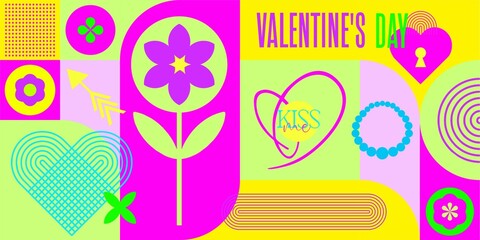 Valentine's Day poster design template. Icons and symbols on the Valentine's Day theme in geometric shapes in the Bauhaus style. Modern vibrant design for prints, branding.