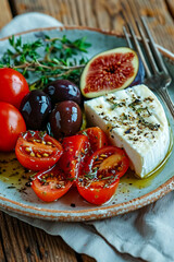 Salad of fresh vegetables, red tomatoes, blue cheese, figs and lettuce leaves. A healthy balanced diet and a sports diet. Beautiful table setting