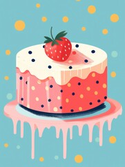 Sponge berry cake 3D decorated cutout minimal on blue background. Cake illustration, icon. For kid, package, advert, logotype.