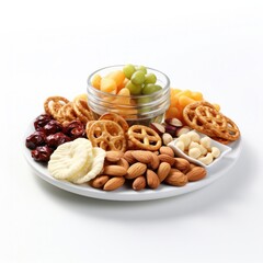 Snacks in bowl, Chips, Pretzel Crackers, Nuts, texture isolated on white background. Party food mix, appetizers. Beer snacks advertising