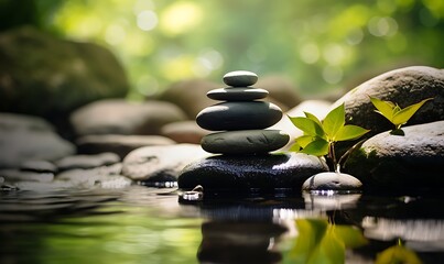 Zen stones and water in a peaceful green garden, relaxation time, wellness and harmony, massage and bodycare, spa and wellness concept. Generative Ai