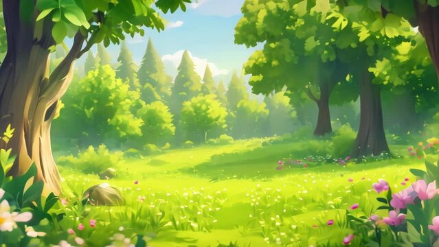 summer cartoon scene with meadow.. cartoon and anime style