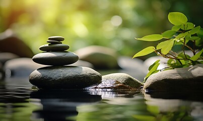 Obraz na płótnie Canvas Zen stones and water in a peaceful green garden, relaxation time, wellness and harmony, massage and bodycare, spa and wellness concept. Generative Ai