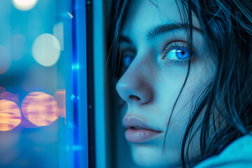 Woman With Blue Eyes Looking Out of a Window