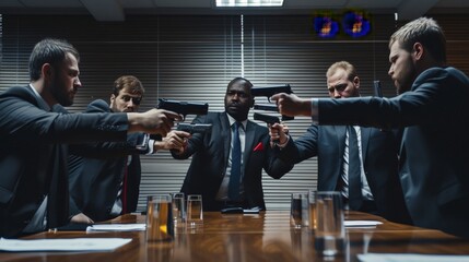 Five businessmen holding guns are arguing. in the conference room - obrazy, fototapety, plakaty