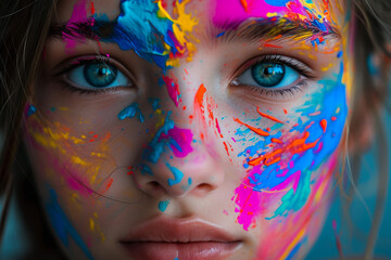 Woman With Blue Eyes and Colorful Face Paint